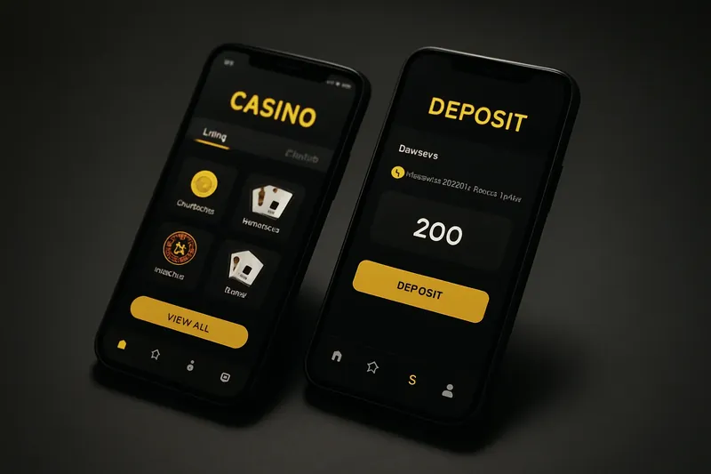 Casino App Smartphones Two angled smartphones showing dark casino lobby and deposit screens