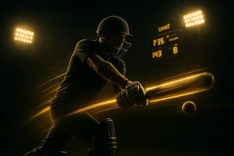 Cricket athlete in motion with neon trail and stadium scoreboard