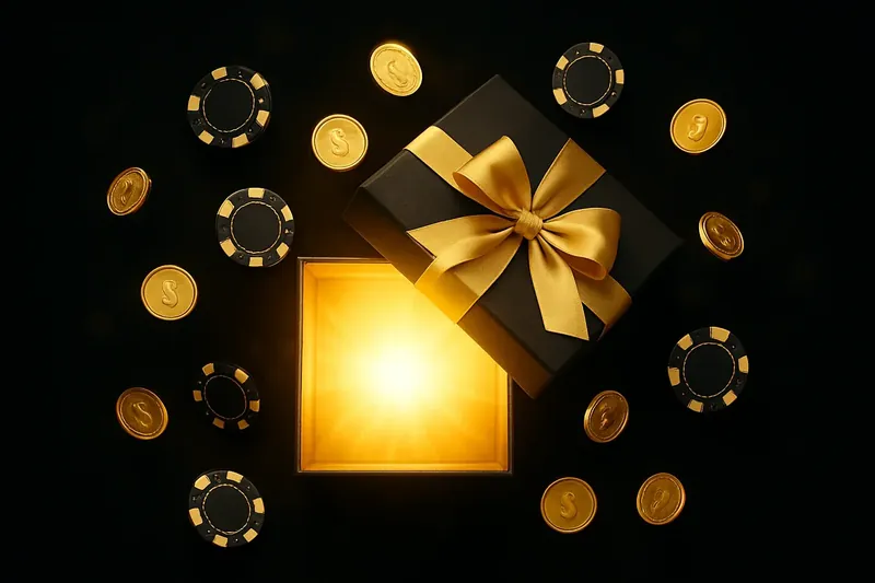 Premium gift box opening with gold light, casino chips and coins