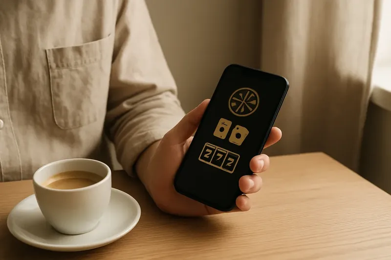 Person at cafe table using dark casino app beside coffee cup