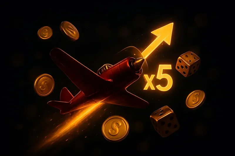 Red airplane crash game with glowing multiplier, coins and dice
