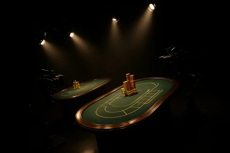 Live Casino Studio Overhead live casino studio with dealer tables, cameras, green felt, gold chips