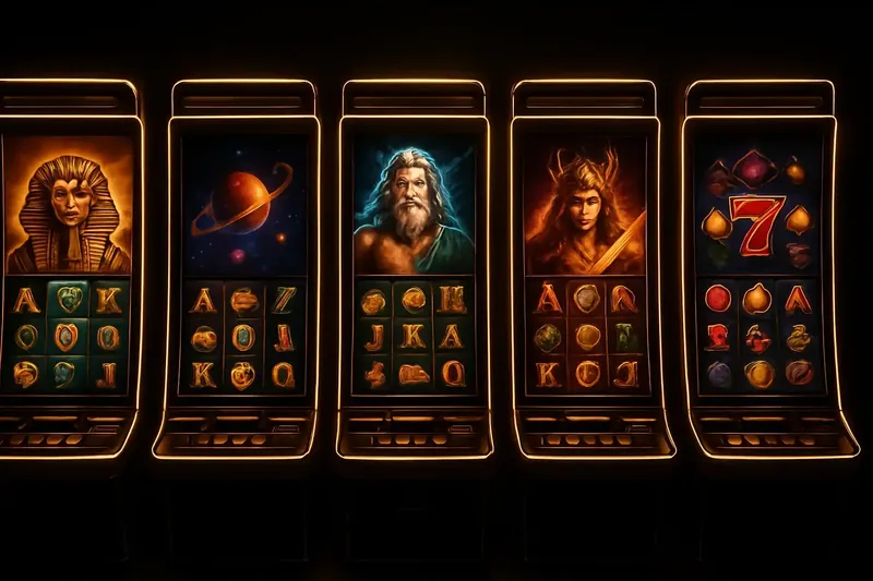 Modern Slot Machine Bank Five vivid video slot screens with neon lighting and themed graphics
